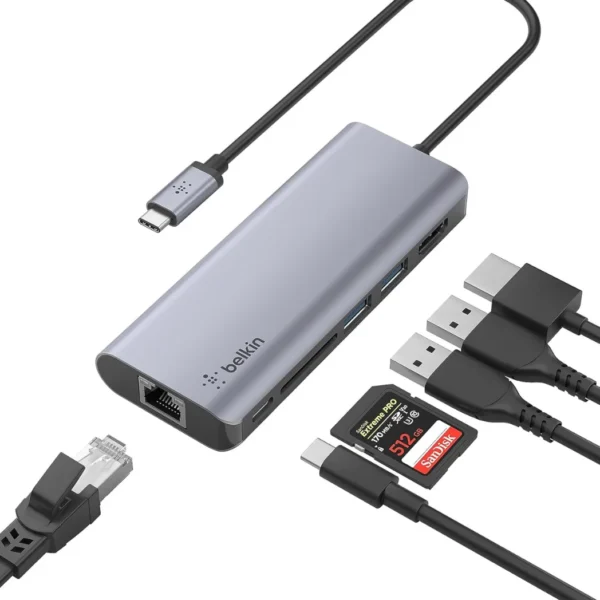 قاعدة توصيل بيلكين متعددة المنافذ 6 في 1 بمنفذ USB-C، لون رمادي | AS2