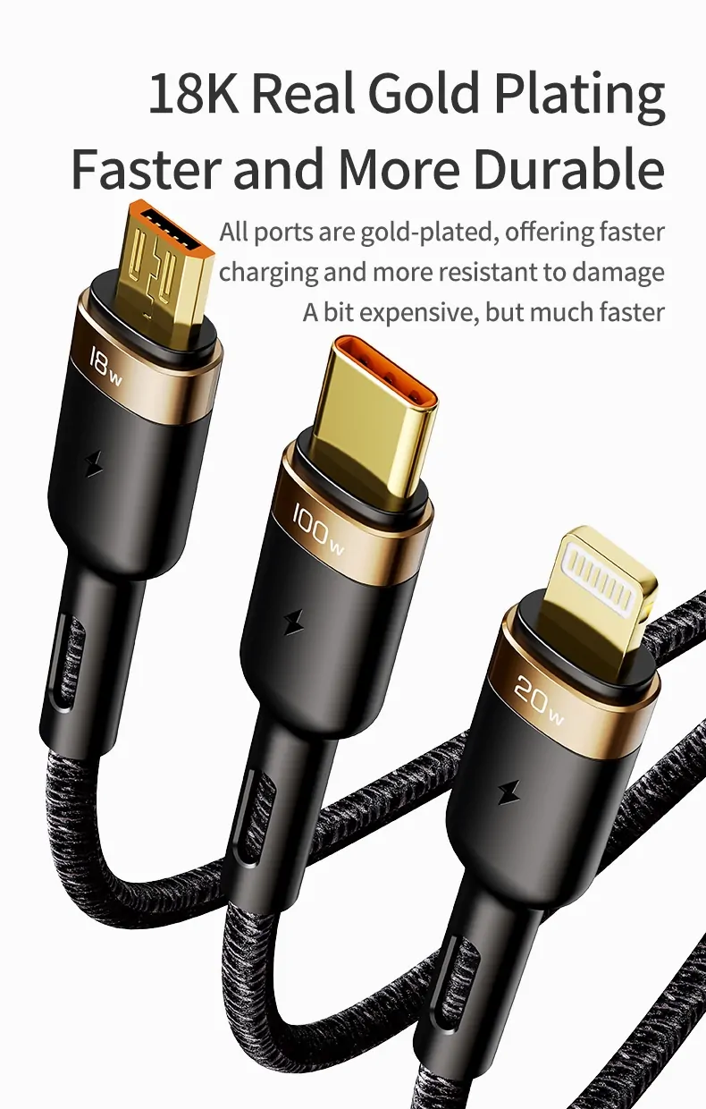 rock g18 fast charging cable 3 in 1 usb type c to type c micro usb lightening 66w 1 2m 4